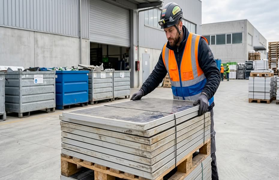 Operaio con casco sistema pannelli su pallet